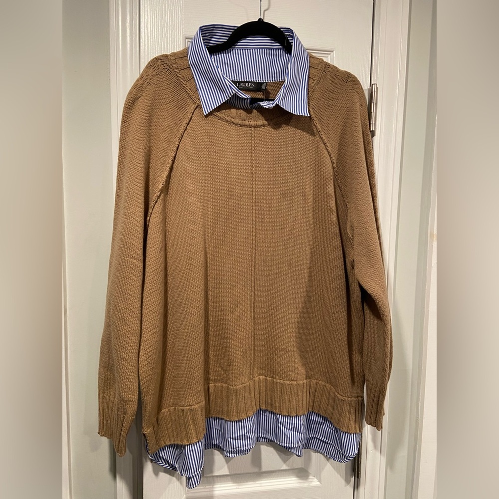 NWT LRL Ralph Lauren Size 3X Blue Striped Faux Layered Tan Cotton Tunic Sweater